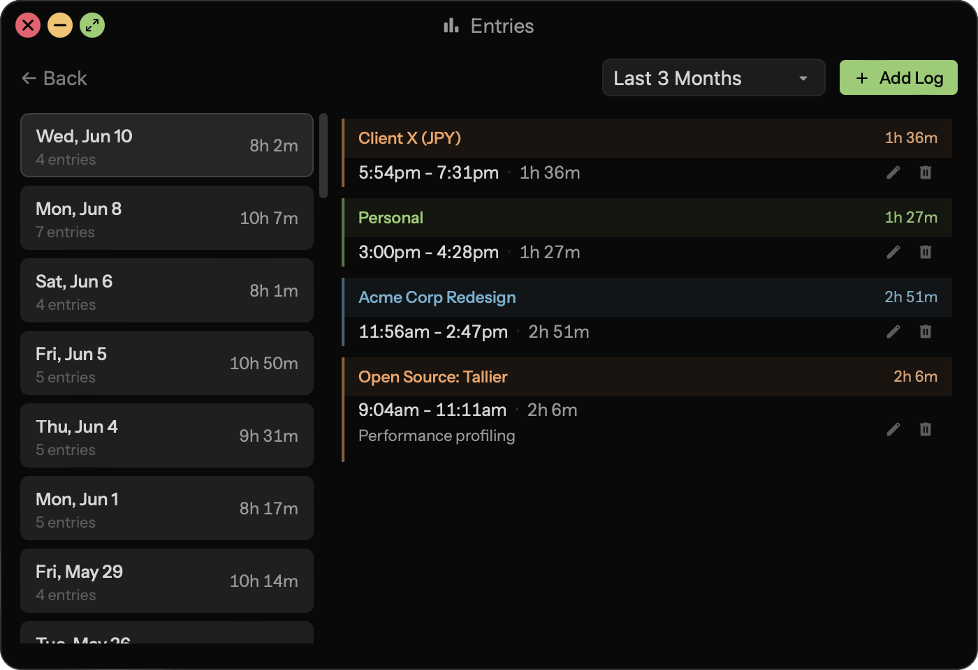 Tallier time entries screen