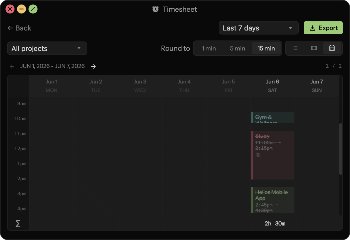 Tallier calendar timesheet screen