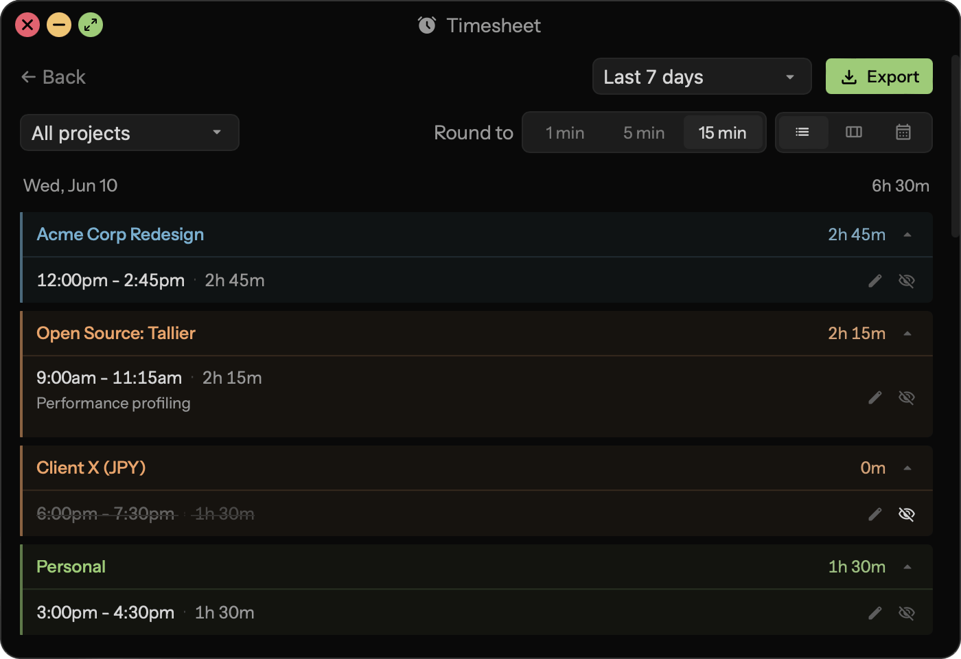 Tallier list timesheet screen